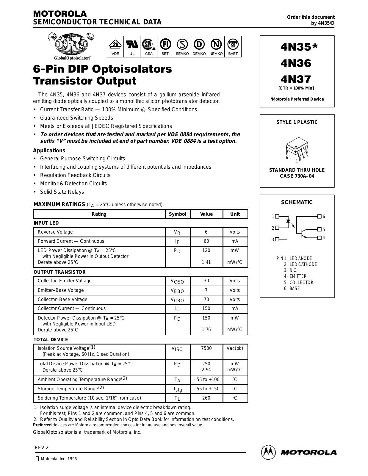 Motorola 4N37, 4N36, 4N35 Datasheet