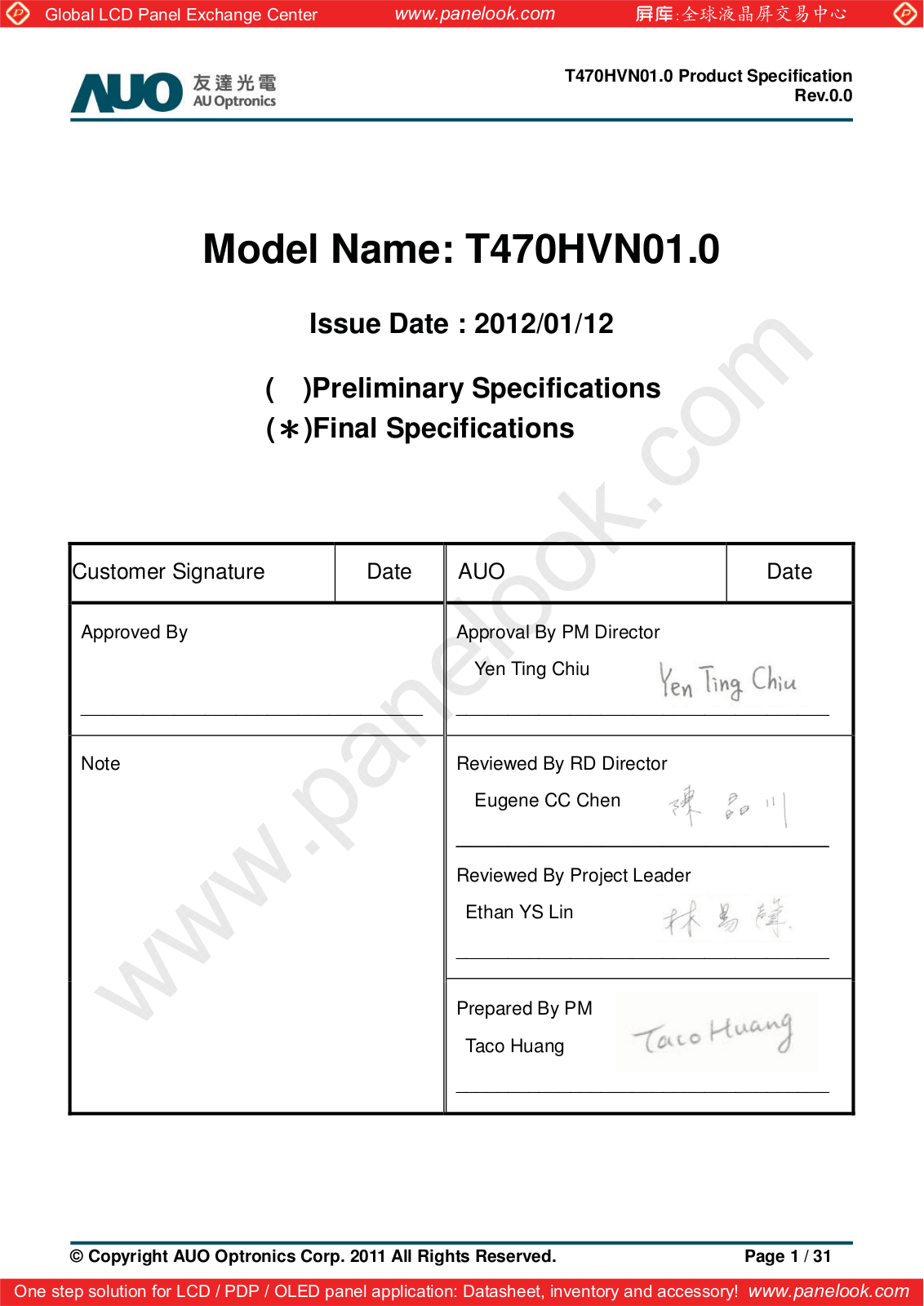 AUO T470HVN01.0 Specification - ManualMachine.com
