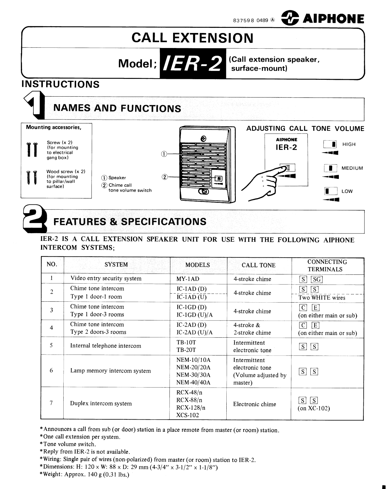 Aiphone IER-2 INSTALLATION INSTRUCTIONS