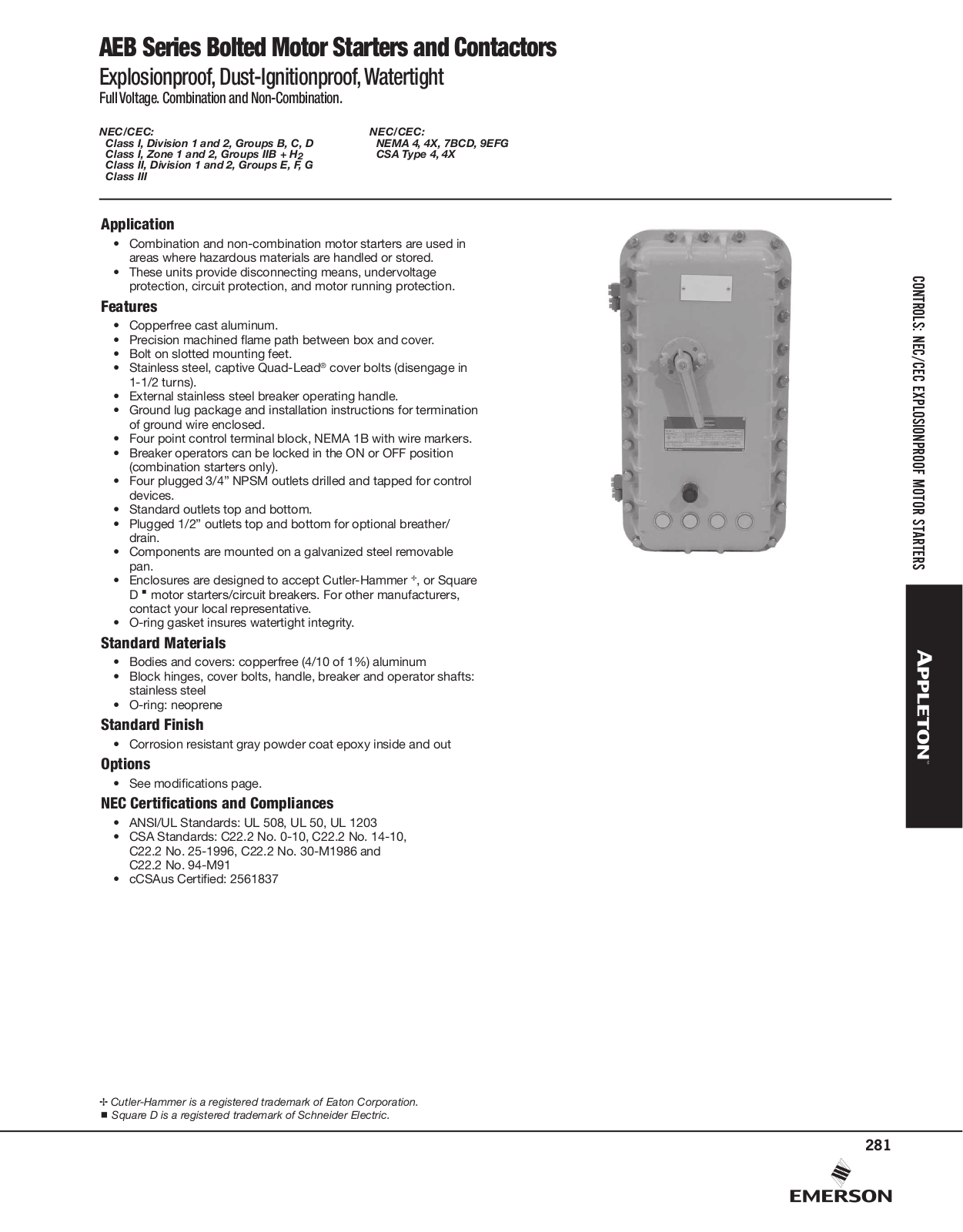 Appleton AEB Series Bolted Motor Starters and Contactors Catalog Page