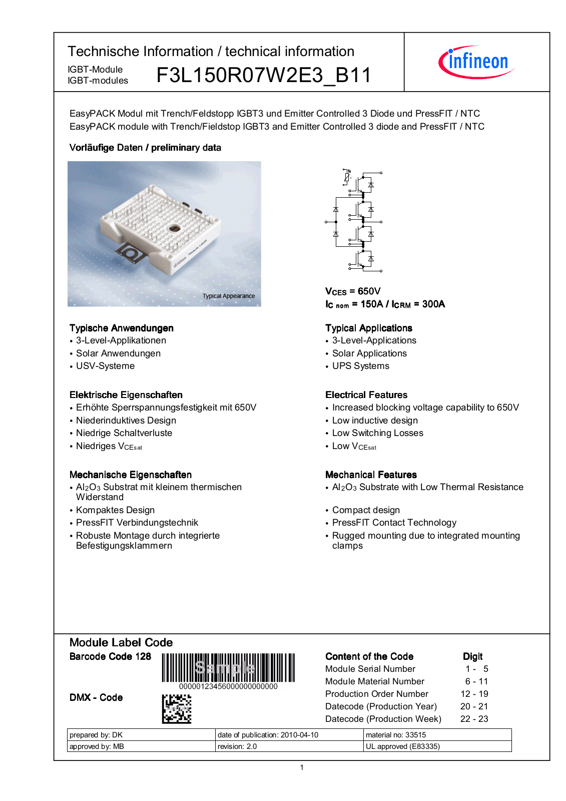 Infineon F3L150R07W2E3-B11 Data Sheet