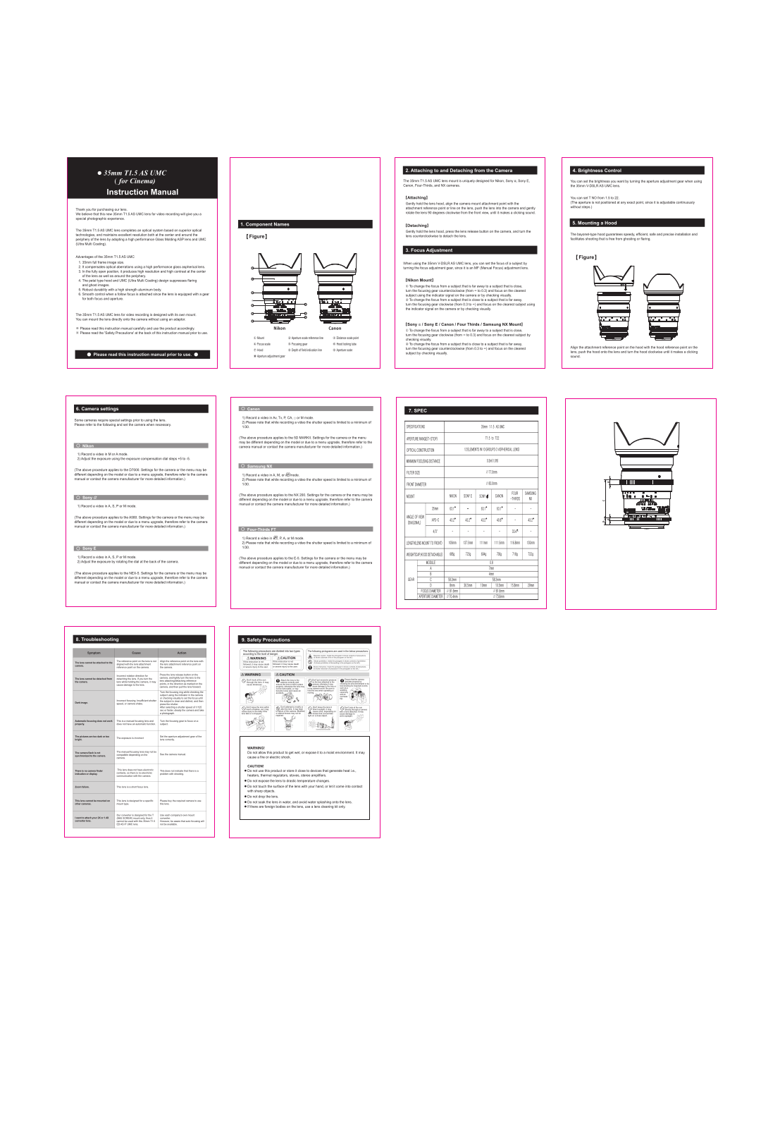 Samyang SYCV35-S, SYCV35-C, SYCV35-N, SYCV35-NEX User manual