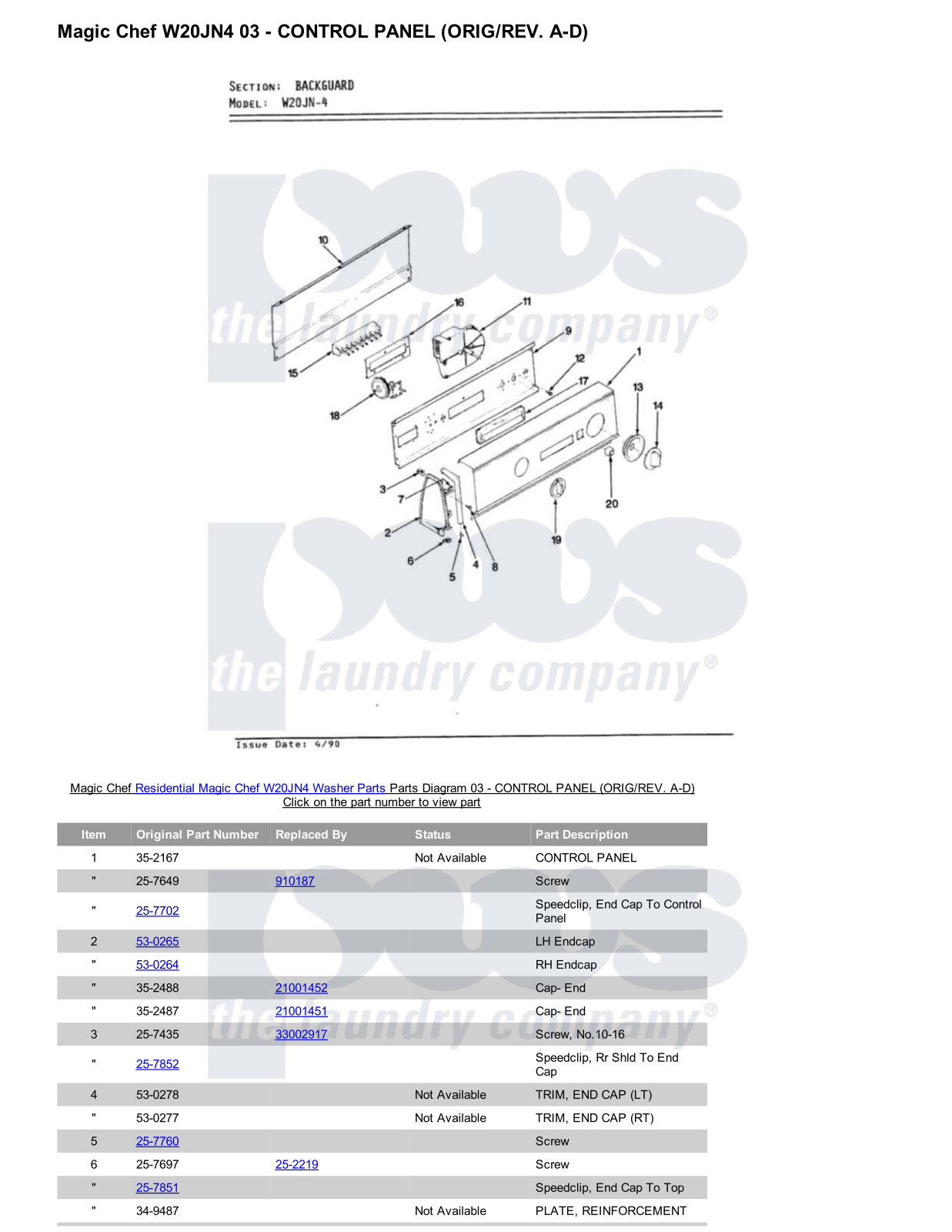 Magic Chef W20JN4 Parts Diagram