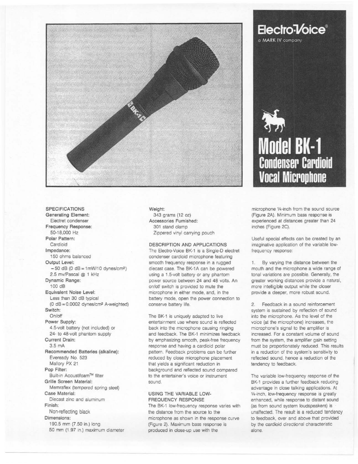 Electro-voice BK-1 DATASHEET