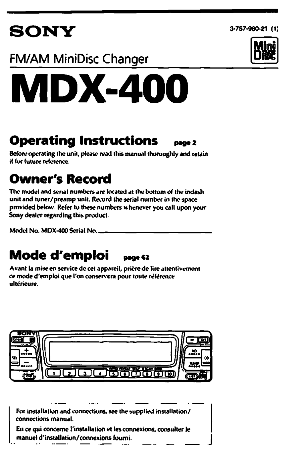 Sony MDX-400 Owners manual