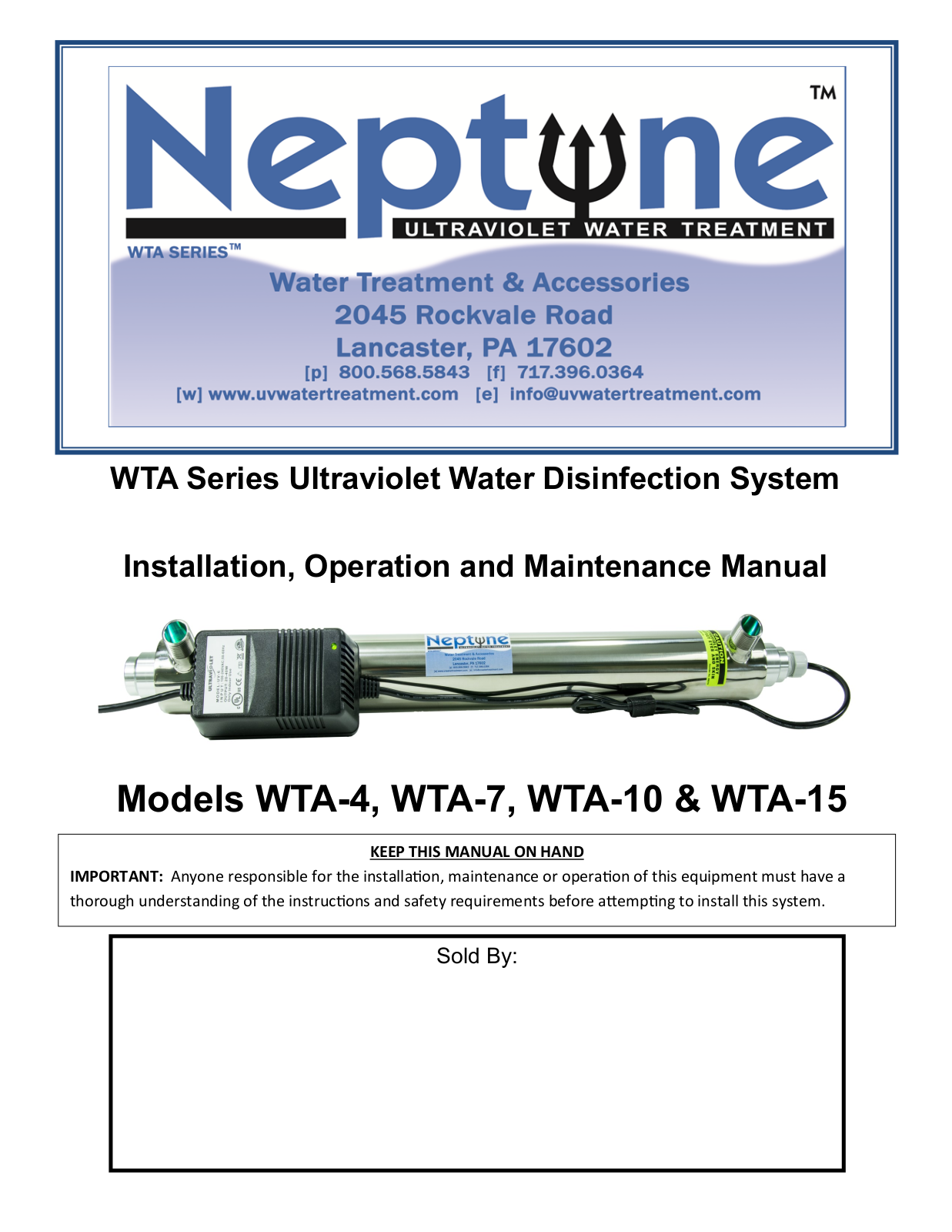 Neptune WTA, WTA-4, WTA-15, WTA-7, WTA-10 Maintenance Manual