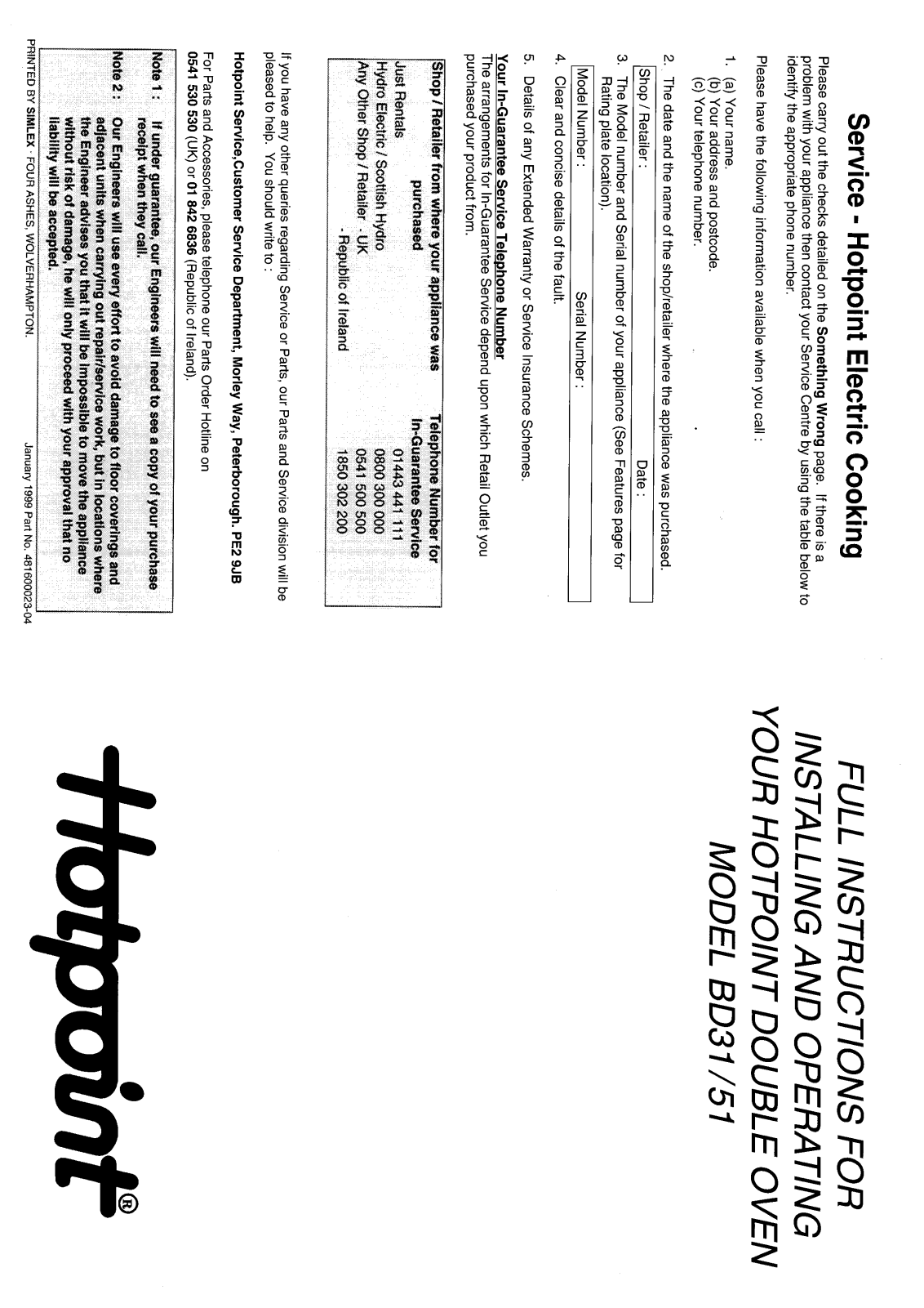 Hotpoint BD31 User Manual