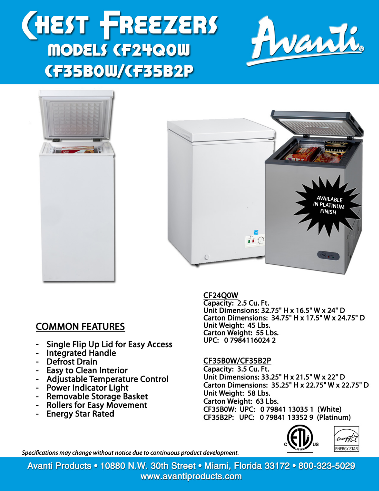 Avanti CF24Q0W, CF35B0W, CF35B2P Catalog Page