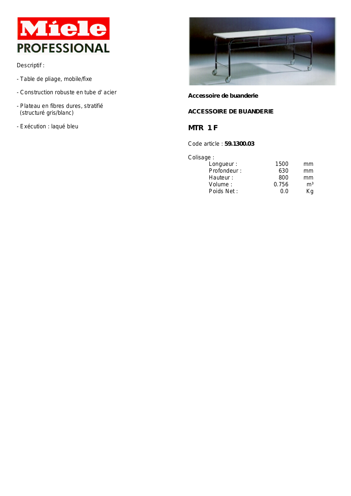 MIELE MTR 2 F DESCRIPTIF User Manual