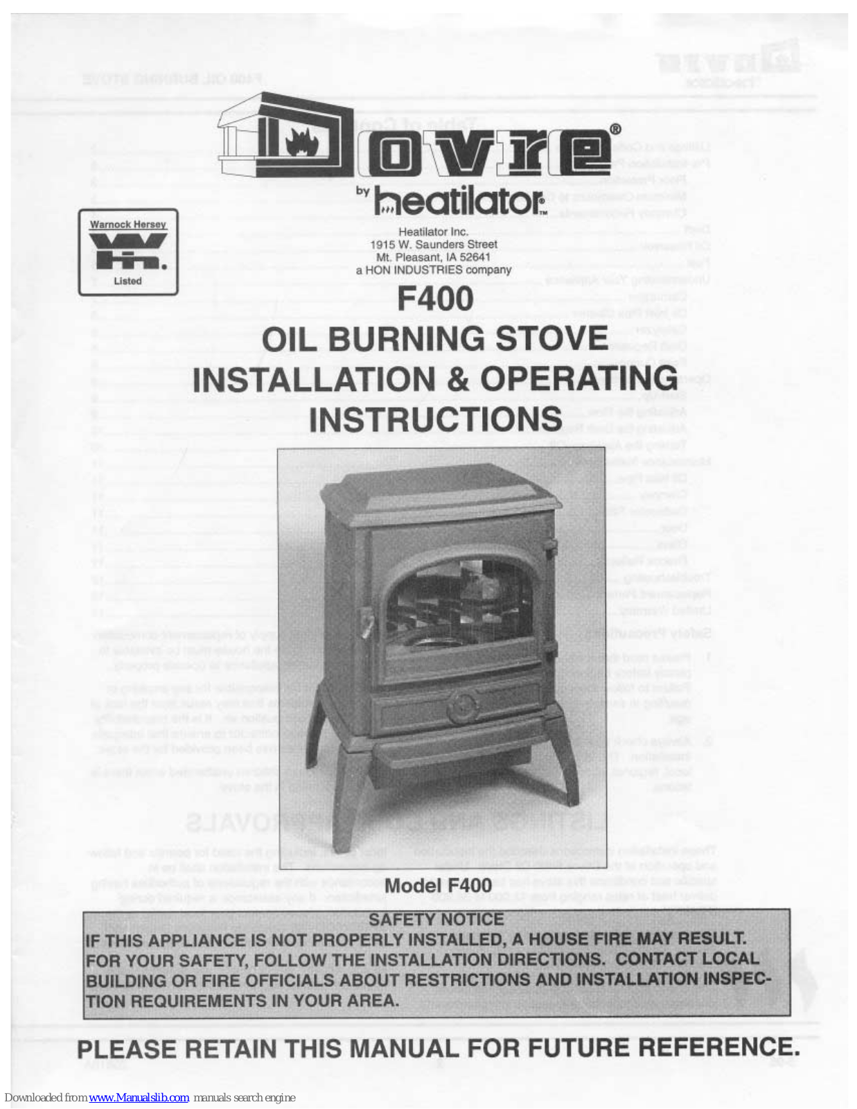 Dovre F400 Installation & Operating Instructions Manual