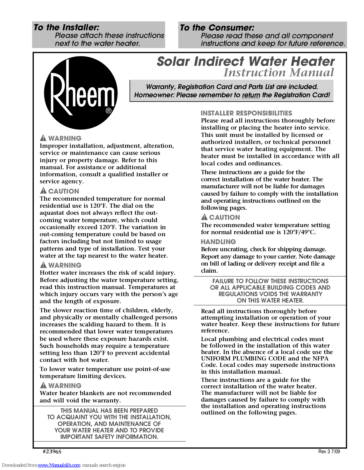 Rheem RSID50, RSID80, RSID120 Instruction Manual