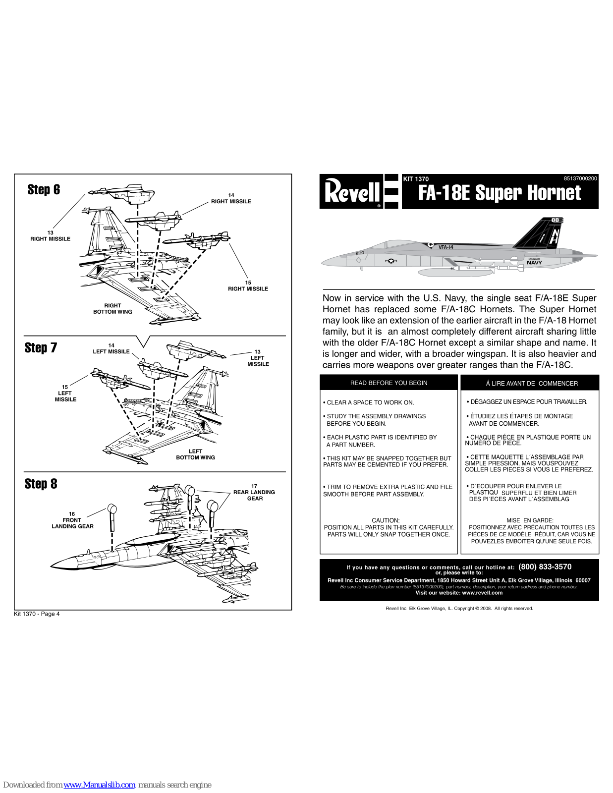 REVELL KIT 1370, FA-18E Super Hornet, 1370 Assembly Manual