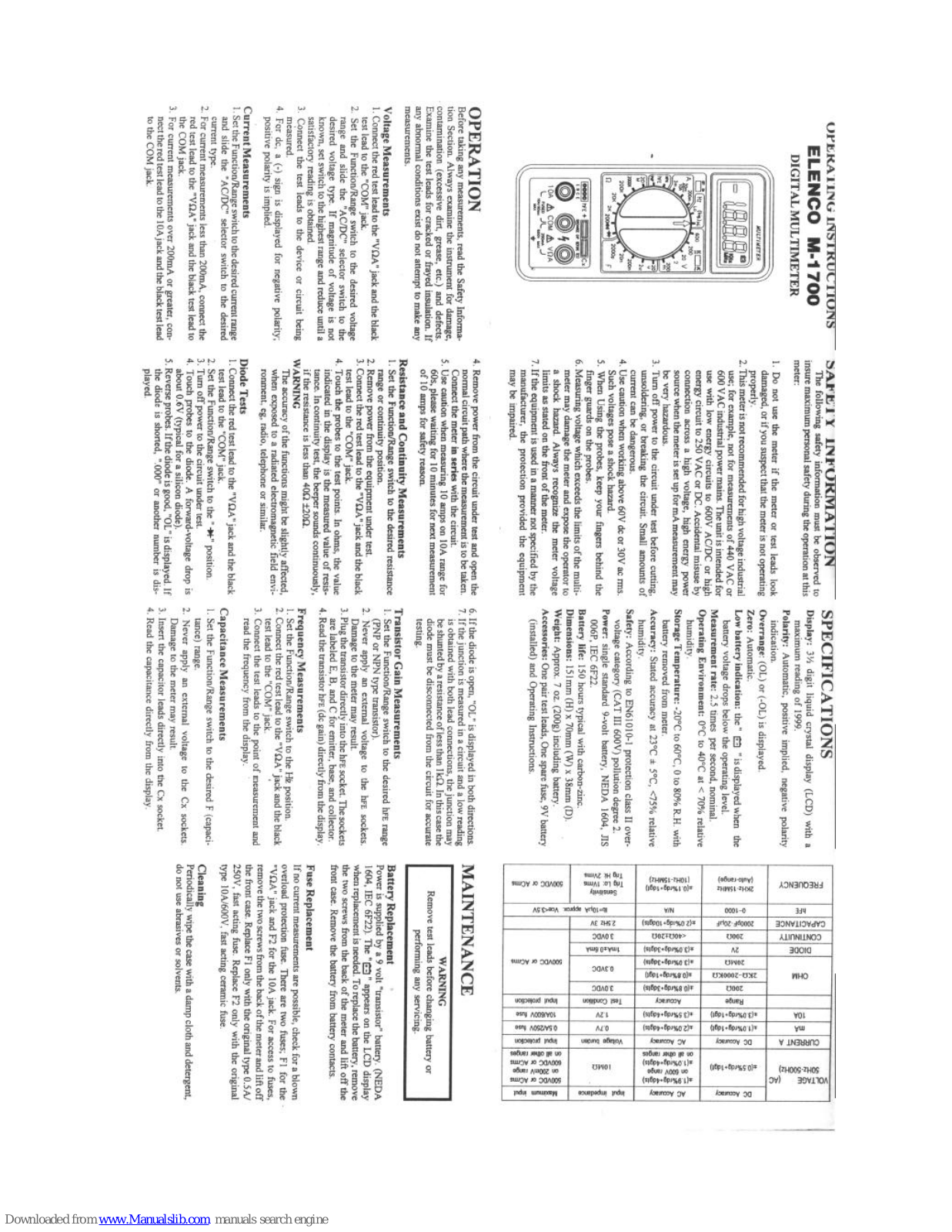 Elenco Electronics M-1700 Operating Instructions Manual