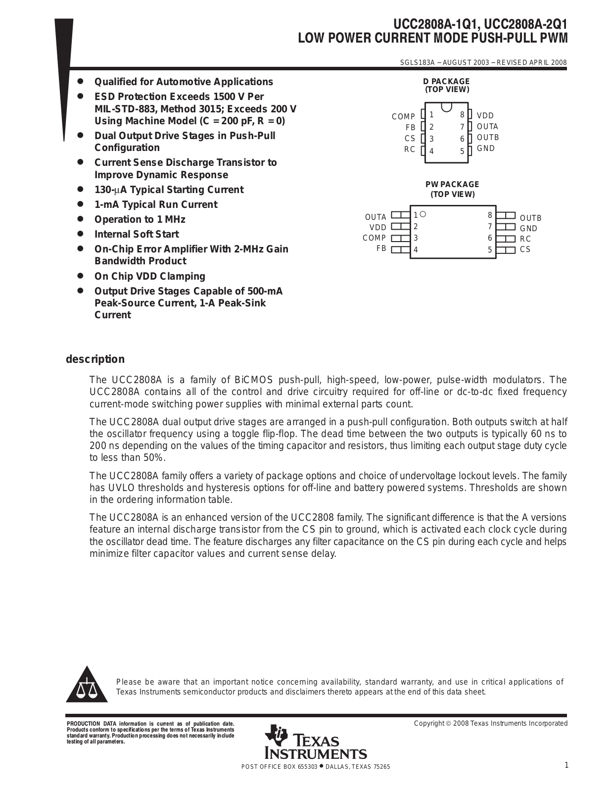 TEXAS INSTRUMENTS UCC2808A-2Q1 Technical data