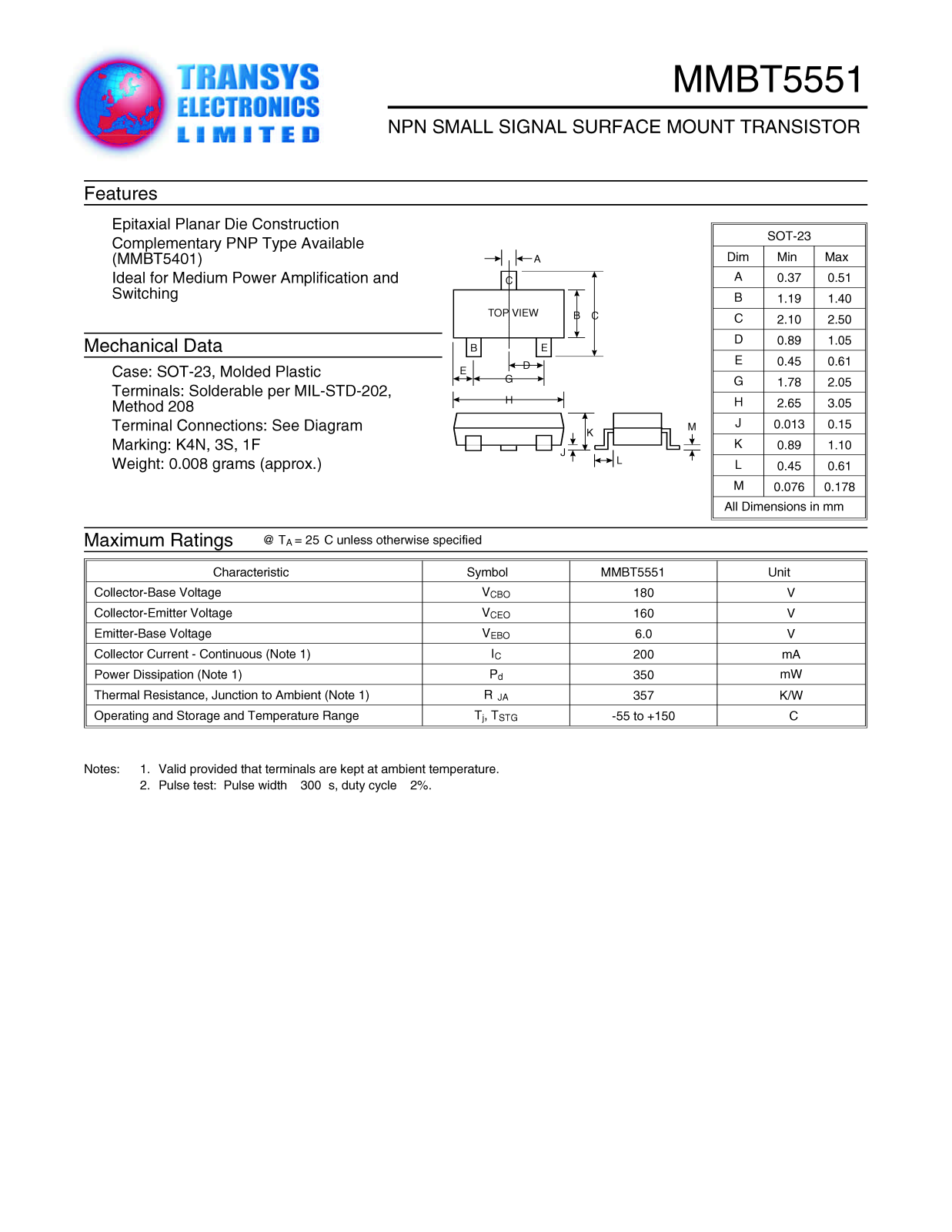 TEL MMBT5551 Datasheet