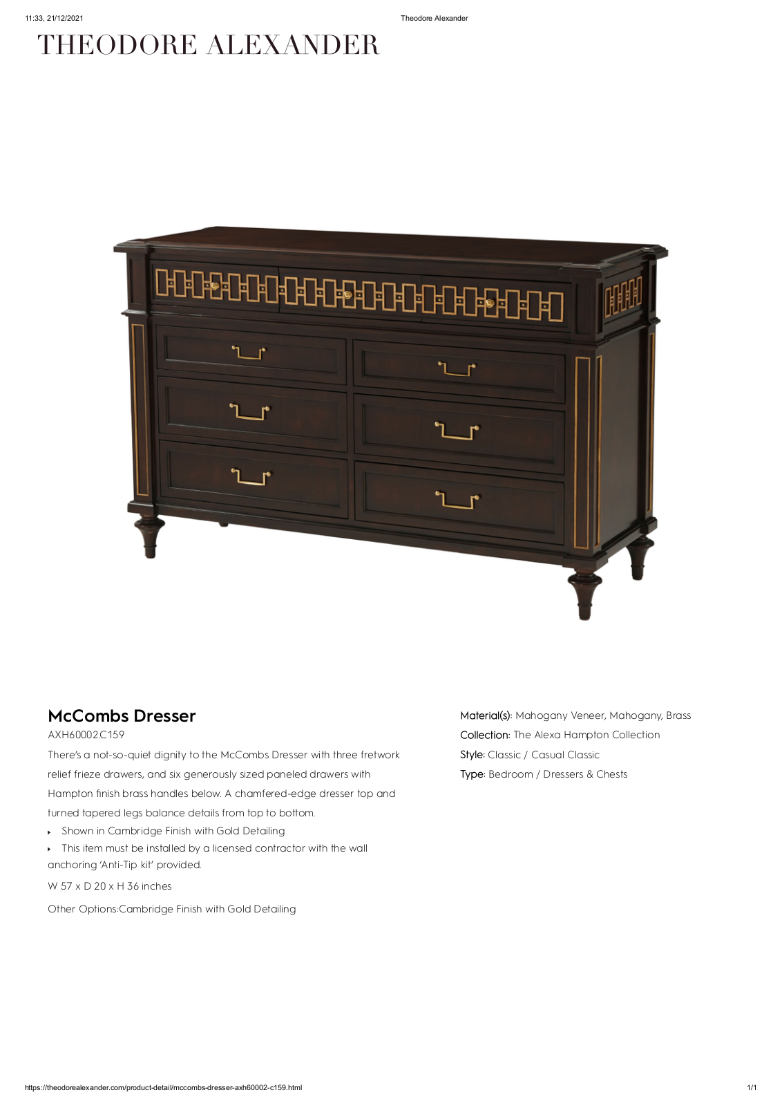 Theodore Alexander FPLJ3587 Specifications - ManualMachine.com