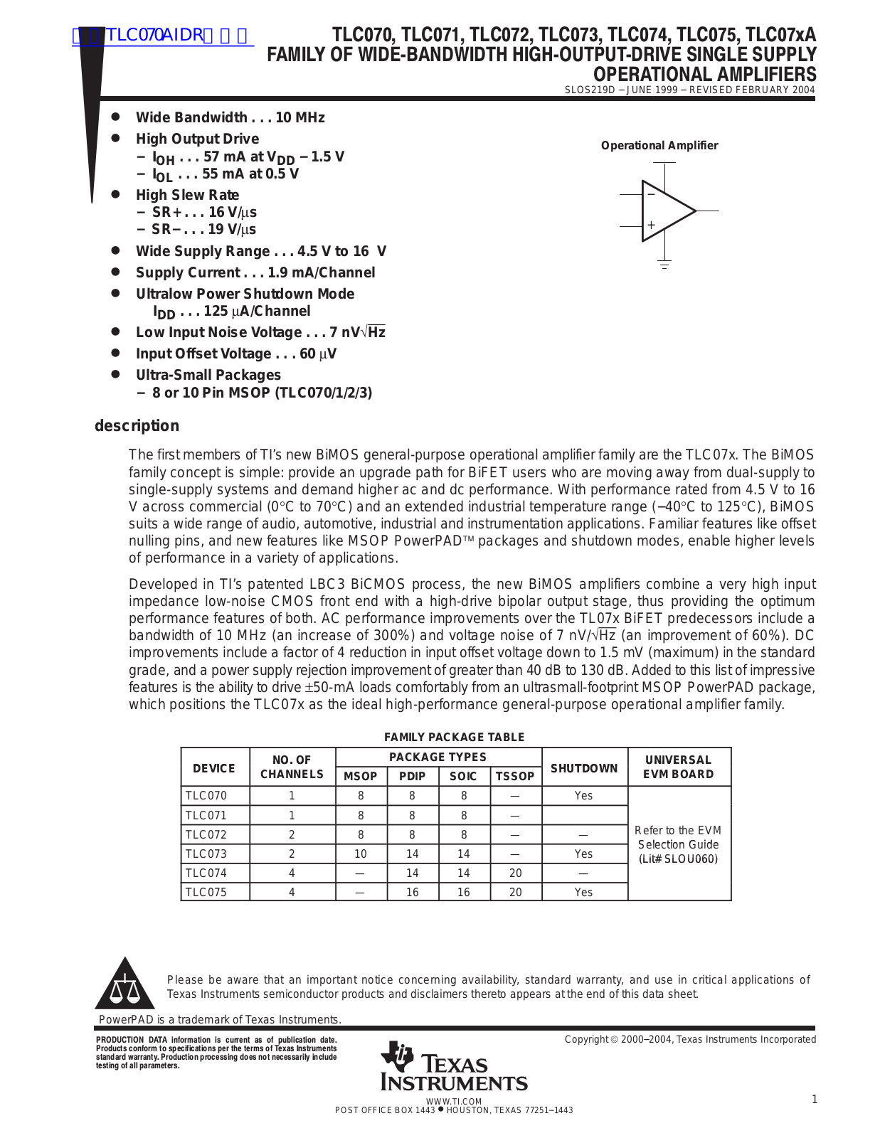 TEXAS INSTRUMENTS TLC070, TLC071, TLC072, TLC073, TLC074 Technical data