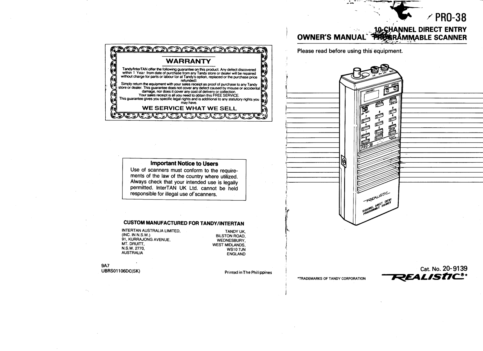 Realistic   RadioShack PRO-38 Owners Manual