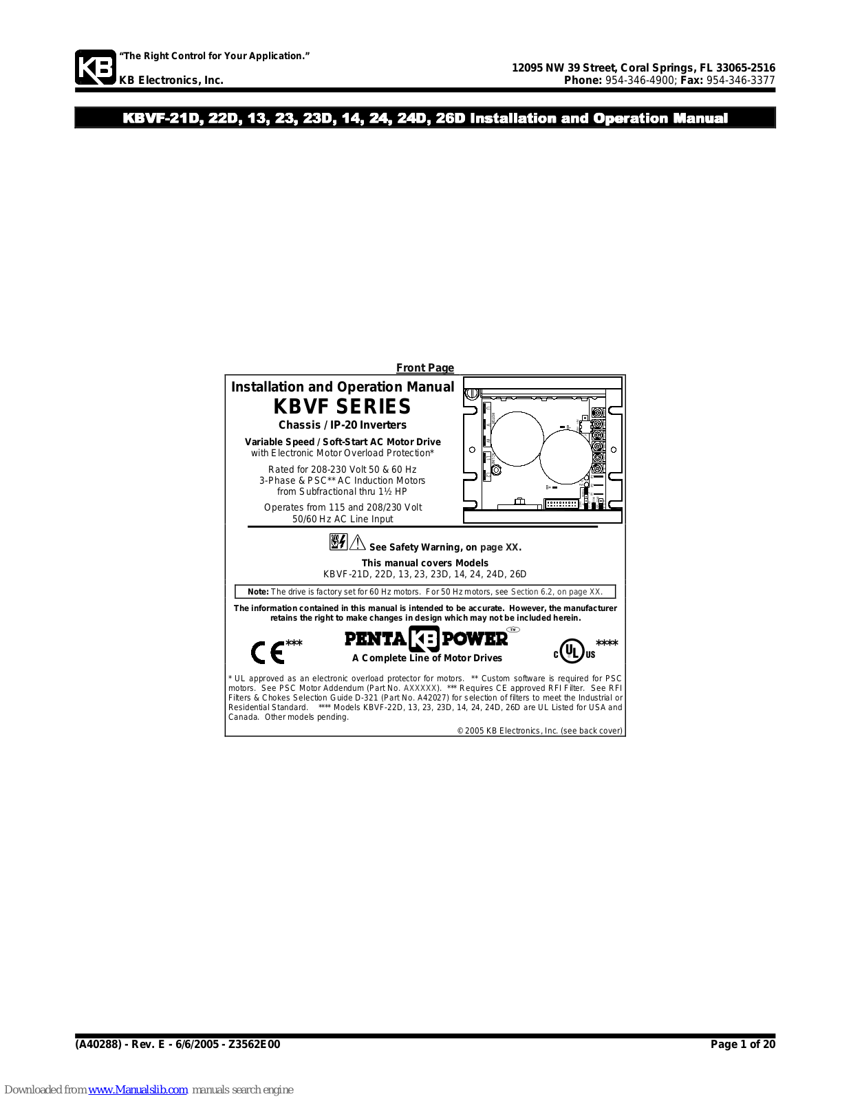 KB Electronics KBVF-21D, KBVF-22D, KBVF-13, KBVF-23, KBVF-23D Installation And Operation Manual