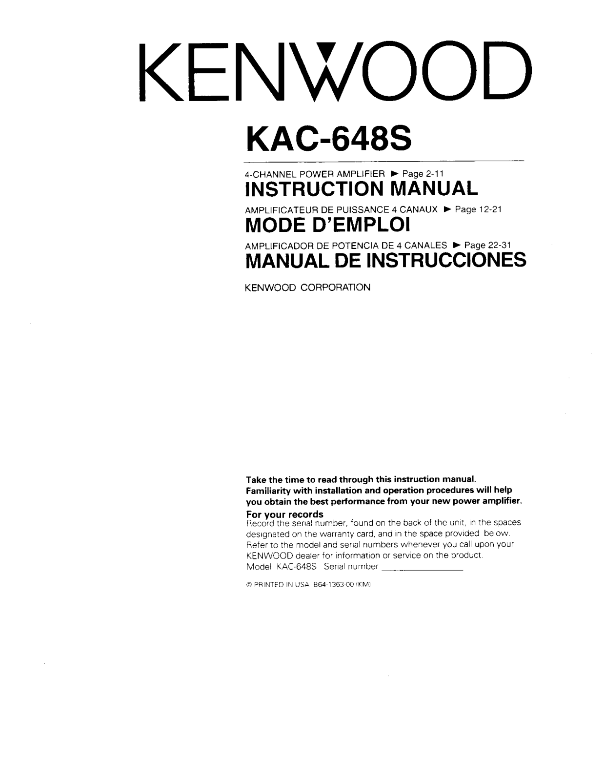 Kenwood KAC-648s Owner's Manual