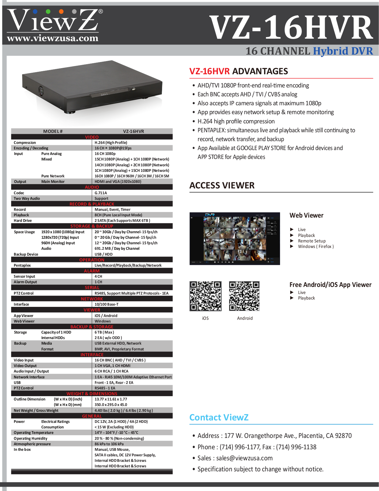 ViewZ VZ-16HVR-4, VZ-16HVR, VZ-16HVR-2 Specsheet