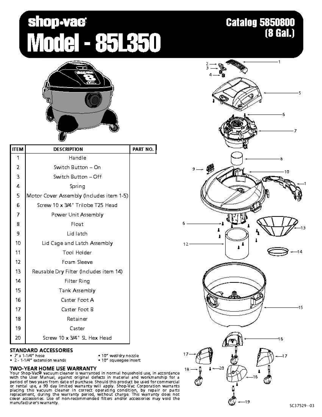 Shop Vac 85l350 Owner's Manual