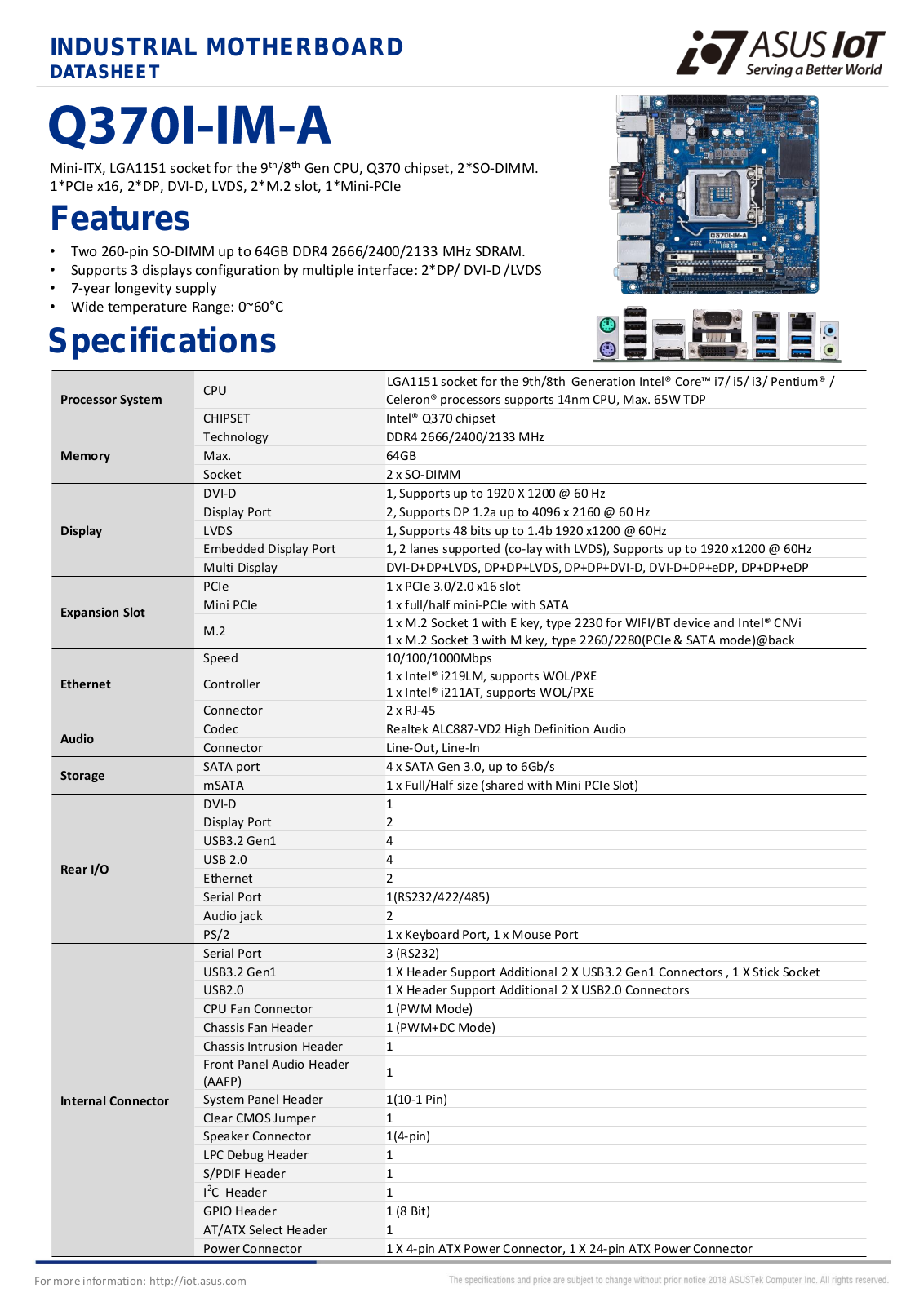 Asus Q370I-IM-A Datasheet