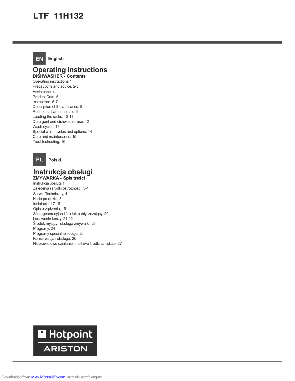 Hotpoint Ariston LTF11H132 Operating Instructions Manual