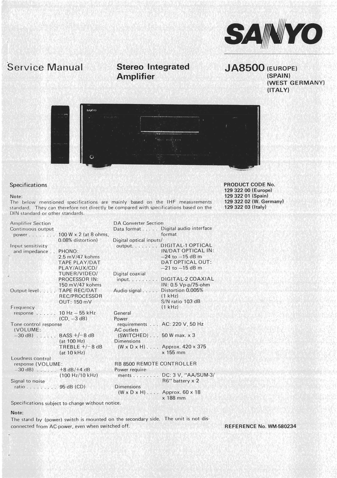 Sanyo JA-8500 Service Manual