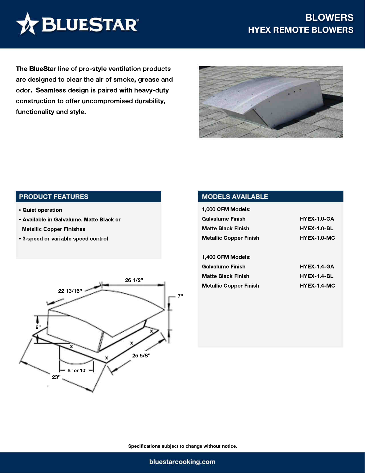 BlueStar HYEX-1.0-GA, HYEX-1.0-BL, HYEX-1.0-MC, HYEX-1.4-GA, HYEX-1.4-BL Specification Sheet