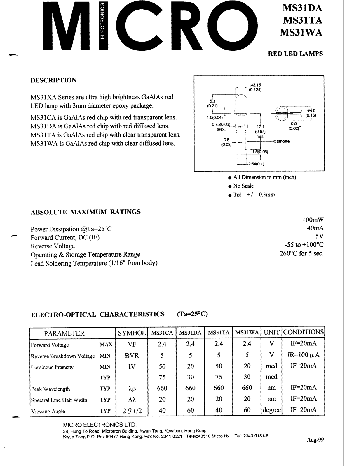 MICRO MS31TA, MS31WA, MS31CA, MS31DA Datasheet