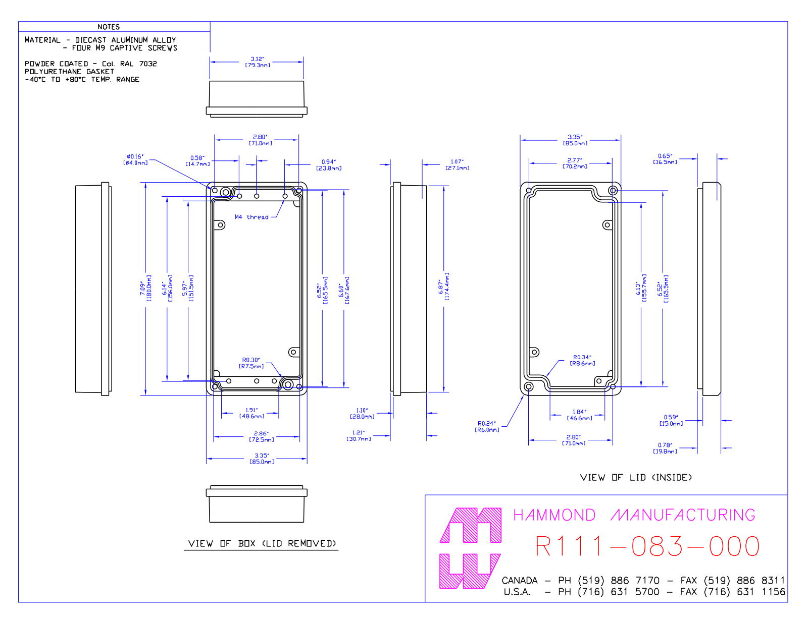 Hammond Manufacturing R111-083-000 technical drawings