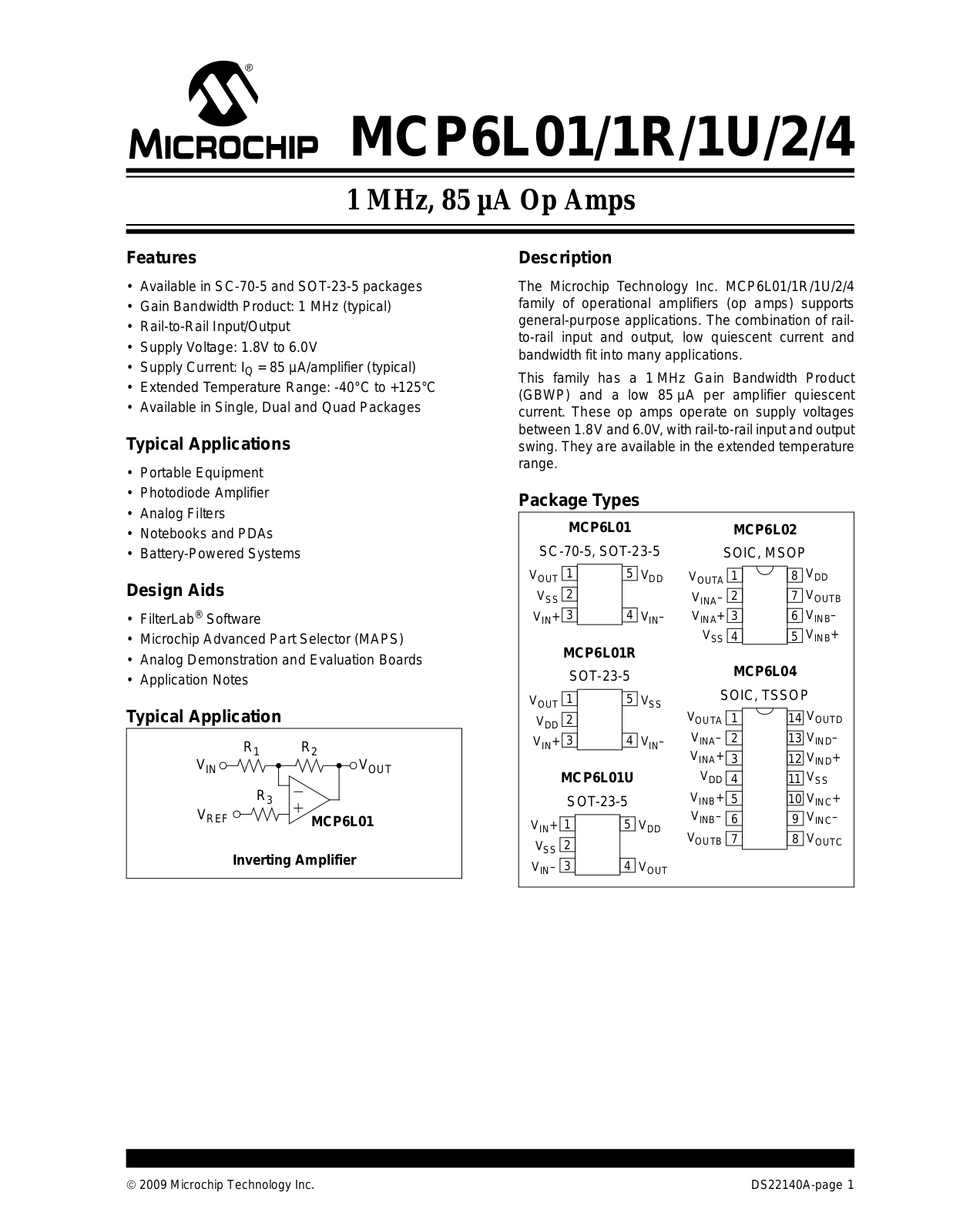 MICROCHIP MCP6L01, MCP6L01R, MCP6L01U, MCP6L02, MCP6L04 Technical data