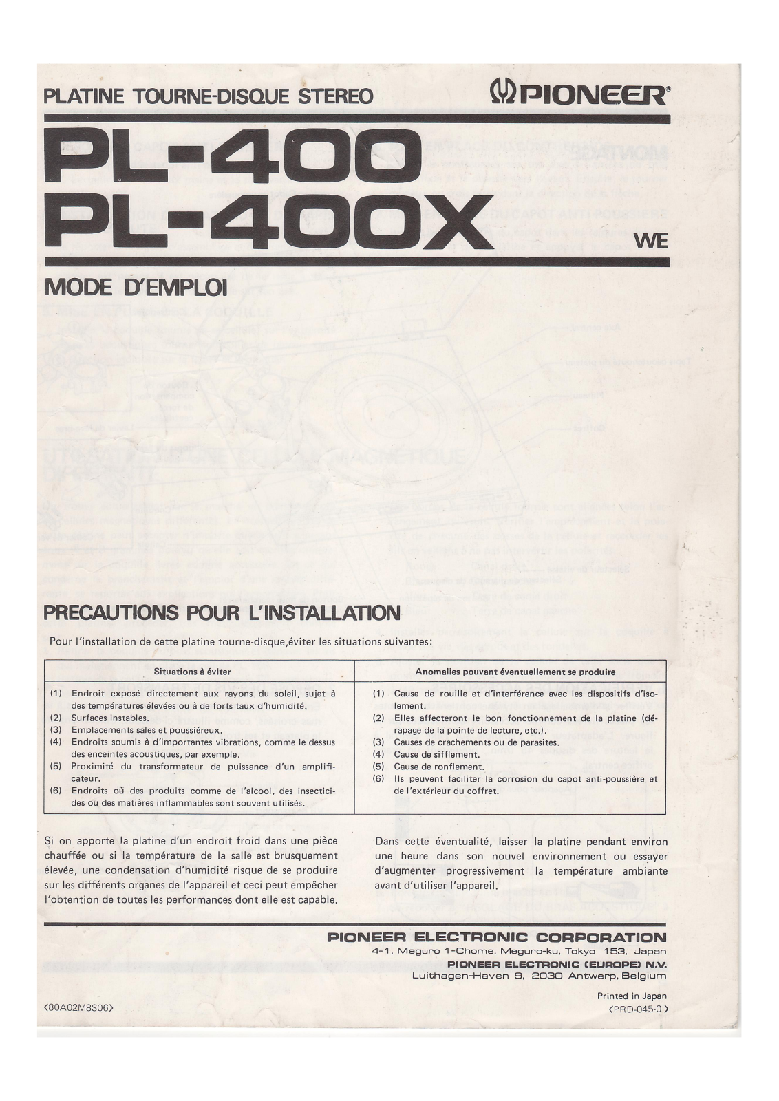 PIONEER PL 400 User Manual