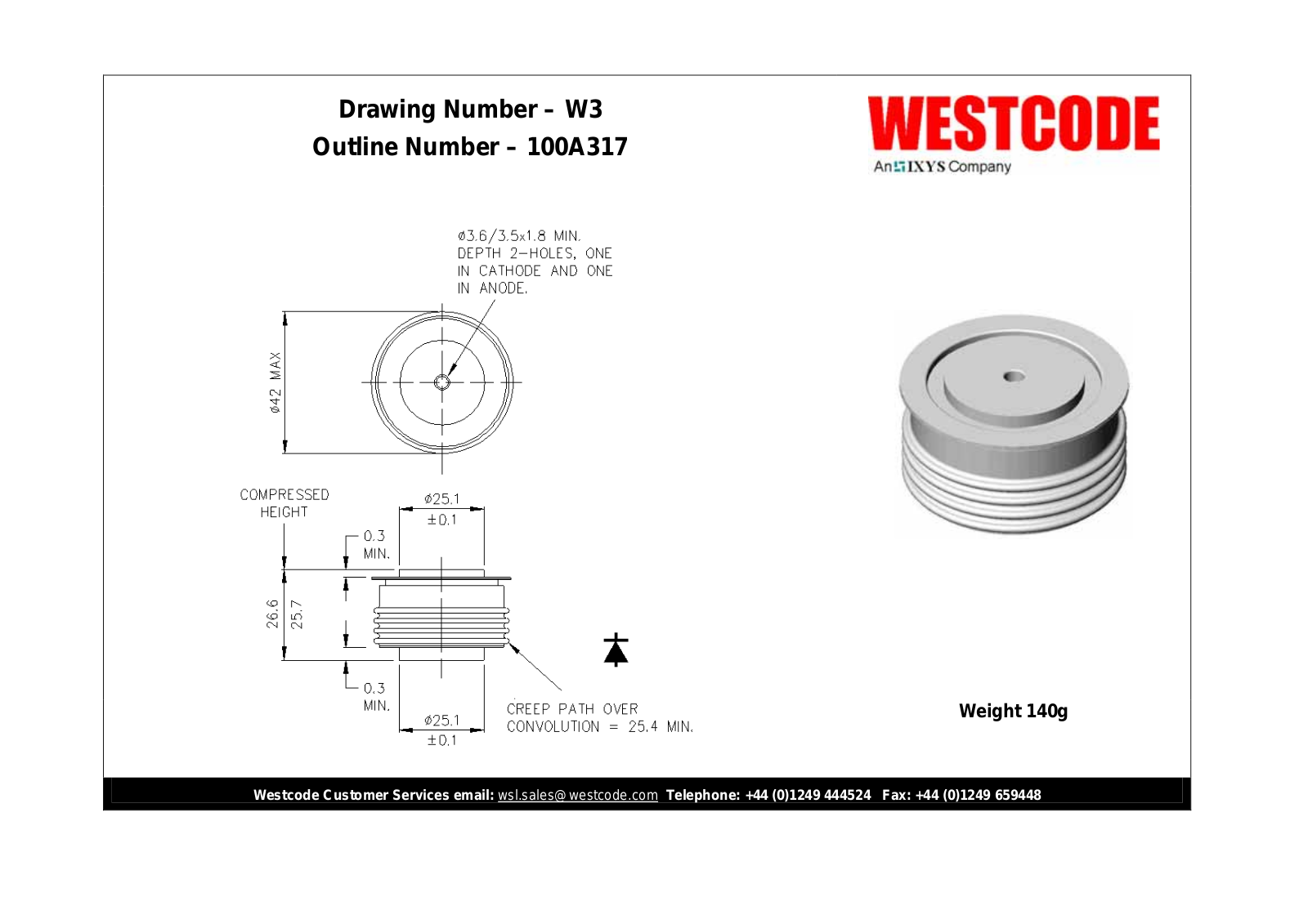 Westcode Semiconductors W3 100A317 Dimensional Sheet