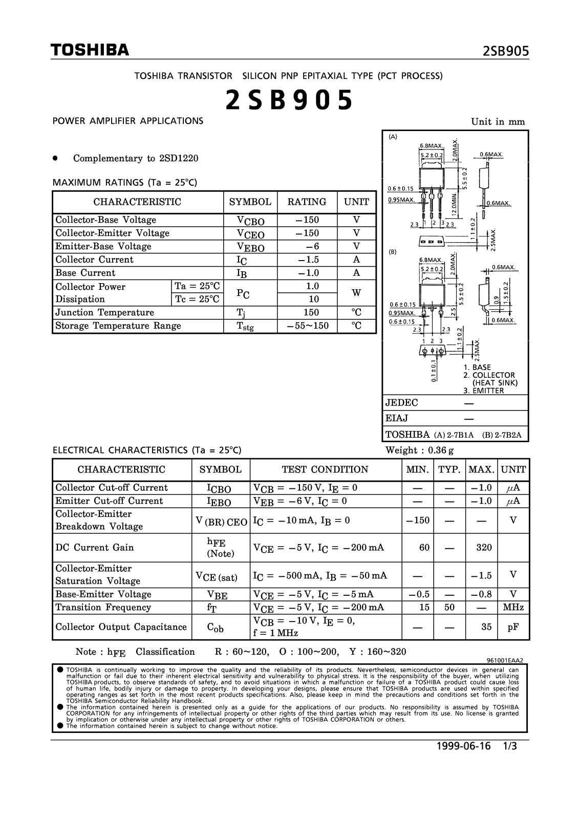 Toshiba 2SB905 Datasheet