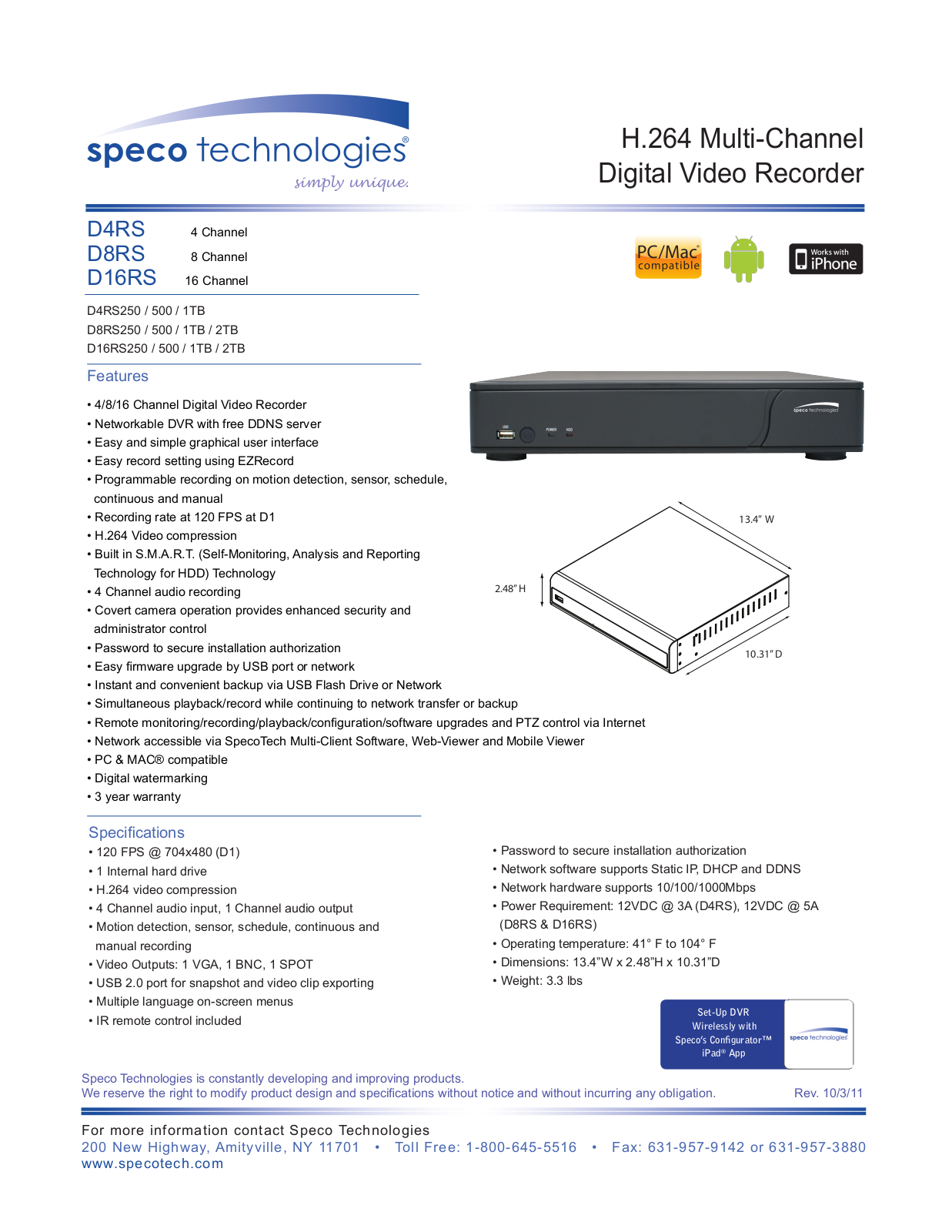 Speco D16RS1TB, D16RS2TB, D16RS500, D4RS1TB, D4RS500 Specsheet