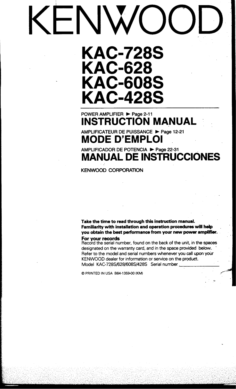 Kenwood KAC-728S, KAC-628, KAC-608S, KAC-428 Owner's Manual