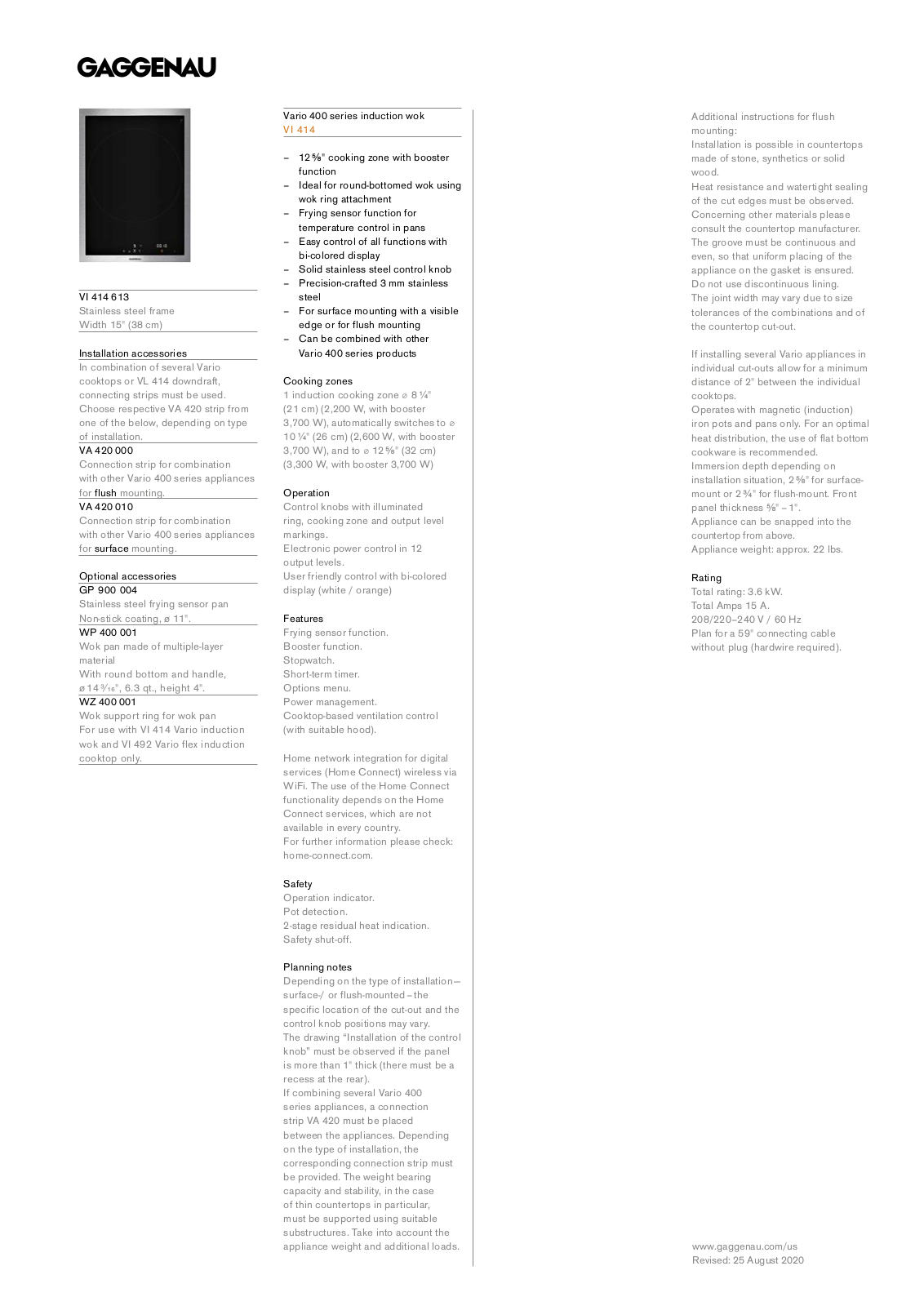 Gaggenau VI414613 PRODUCT SPECIFICATIONS