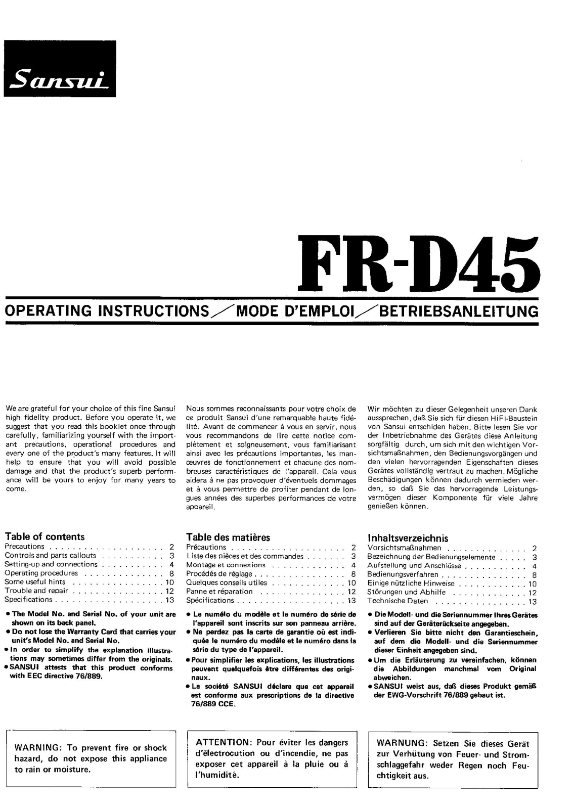 Sansui FR-D45 Owners Manual