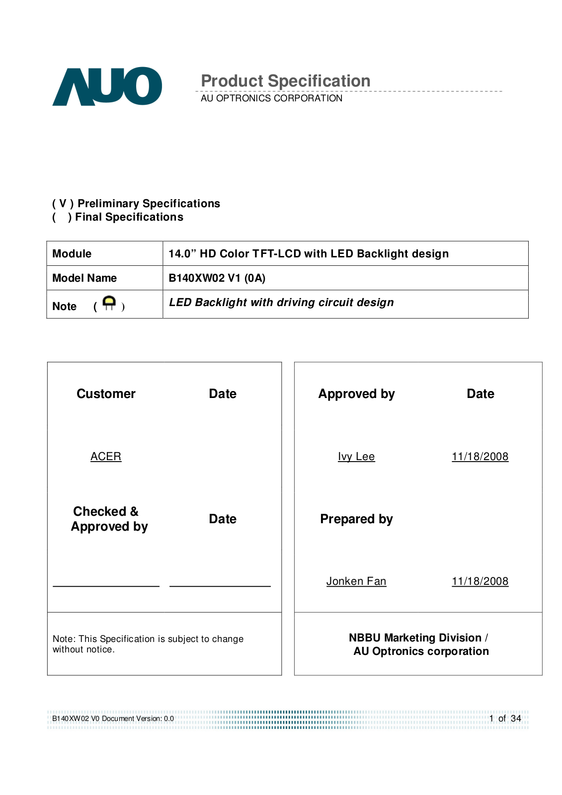 Auo B140XW02 V1 Schematics