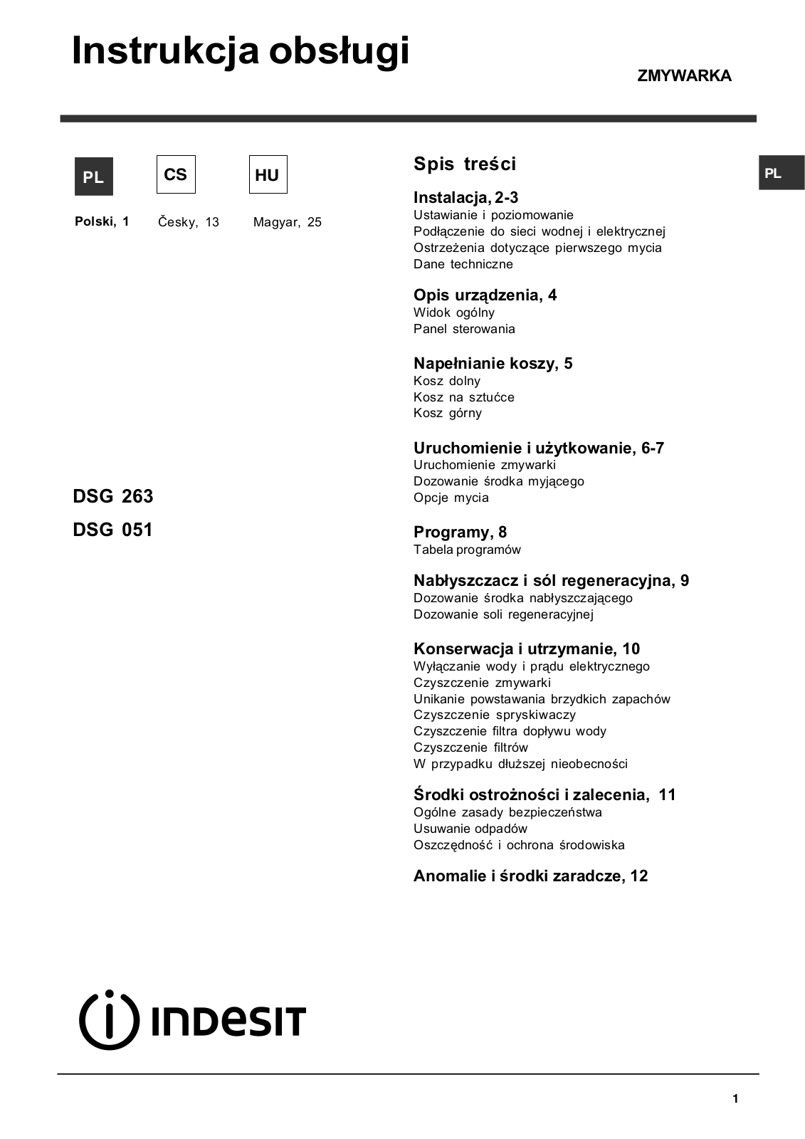 Indesit DSG 051, DSG263EU, DSG 051 EU User Manual