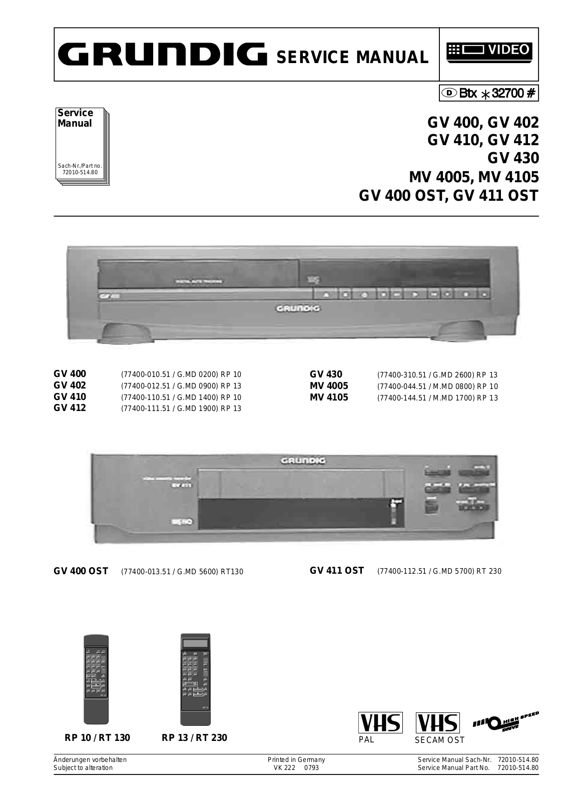 GRUNDIG GV 400, GV 402, GV 412, MV 4105, GV 400 OST Service Manual