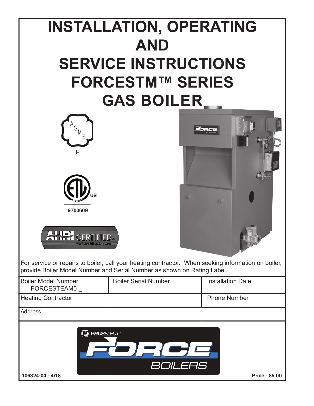 PROSELECT FORCESTM03, FORCESTM04, FORCESTM05, FORCESTM06, FORCESTM07 Installation Manual