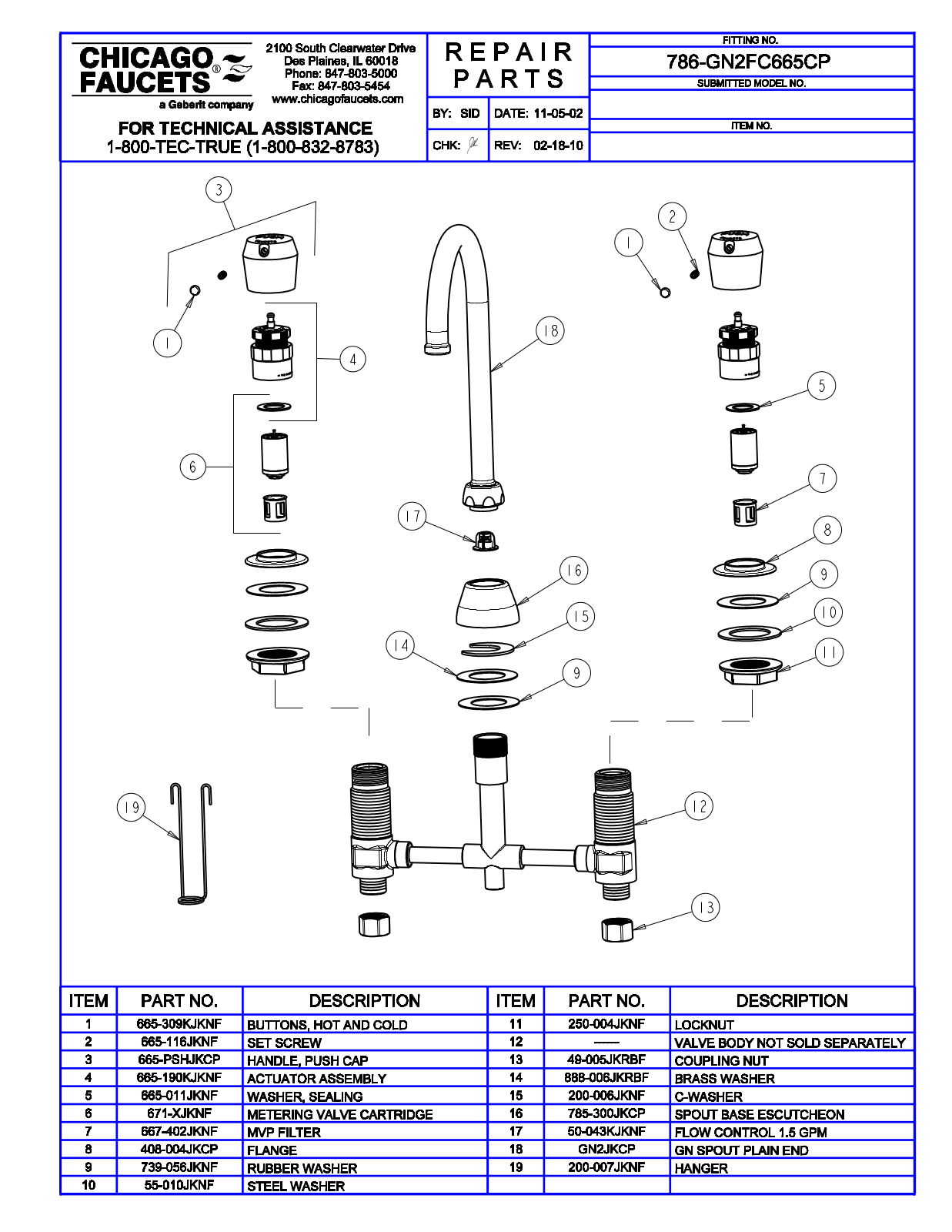 Chicago Faucet 786-GN2FC665CP Parts List