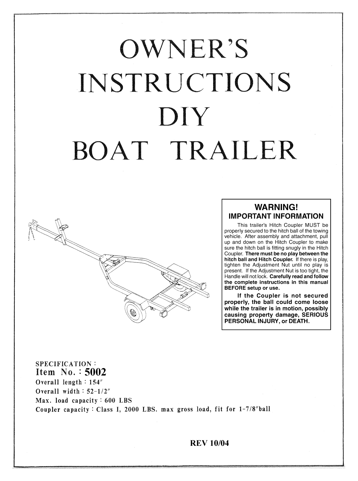 Harbor Freight Tools Boat Trailer Product manual