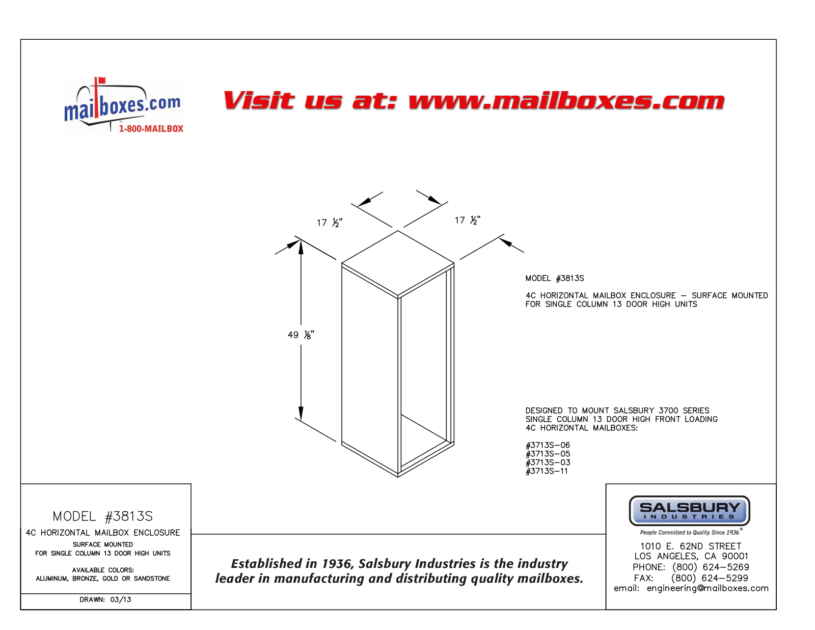 Salsbury Industries 3813SSAN, 3813SBRZ, 3813SALM, 3813SGLD User Manual