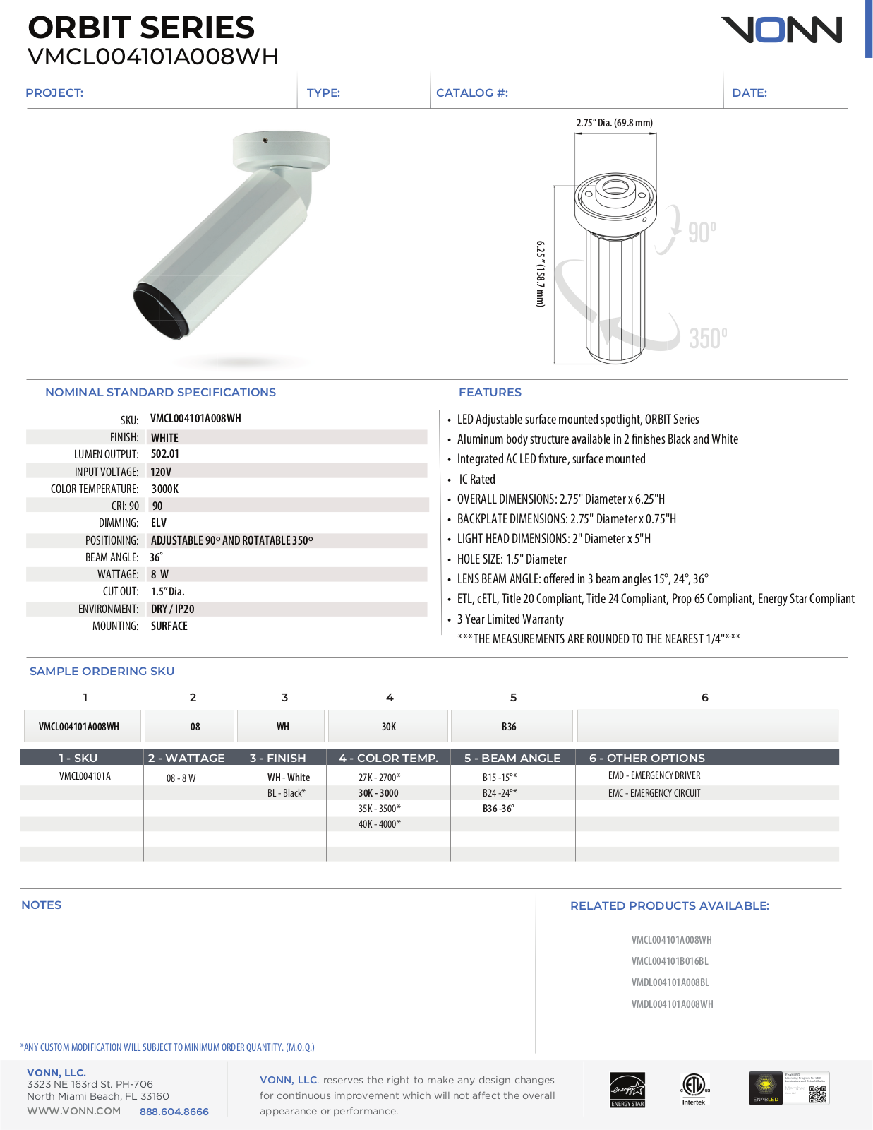 VONN Lighting UCZY1364 Specifications - ManualMachine.com
