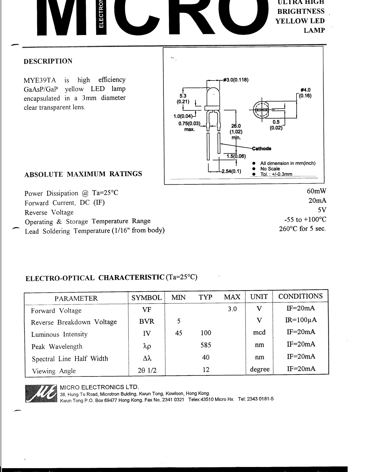 MICRO MYE39TA Datasheet