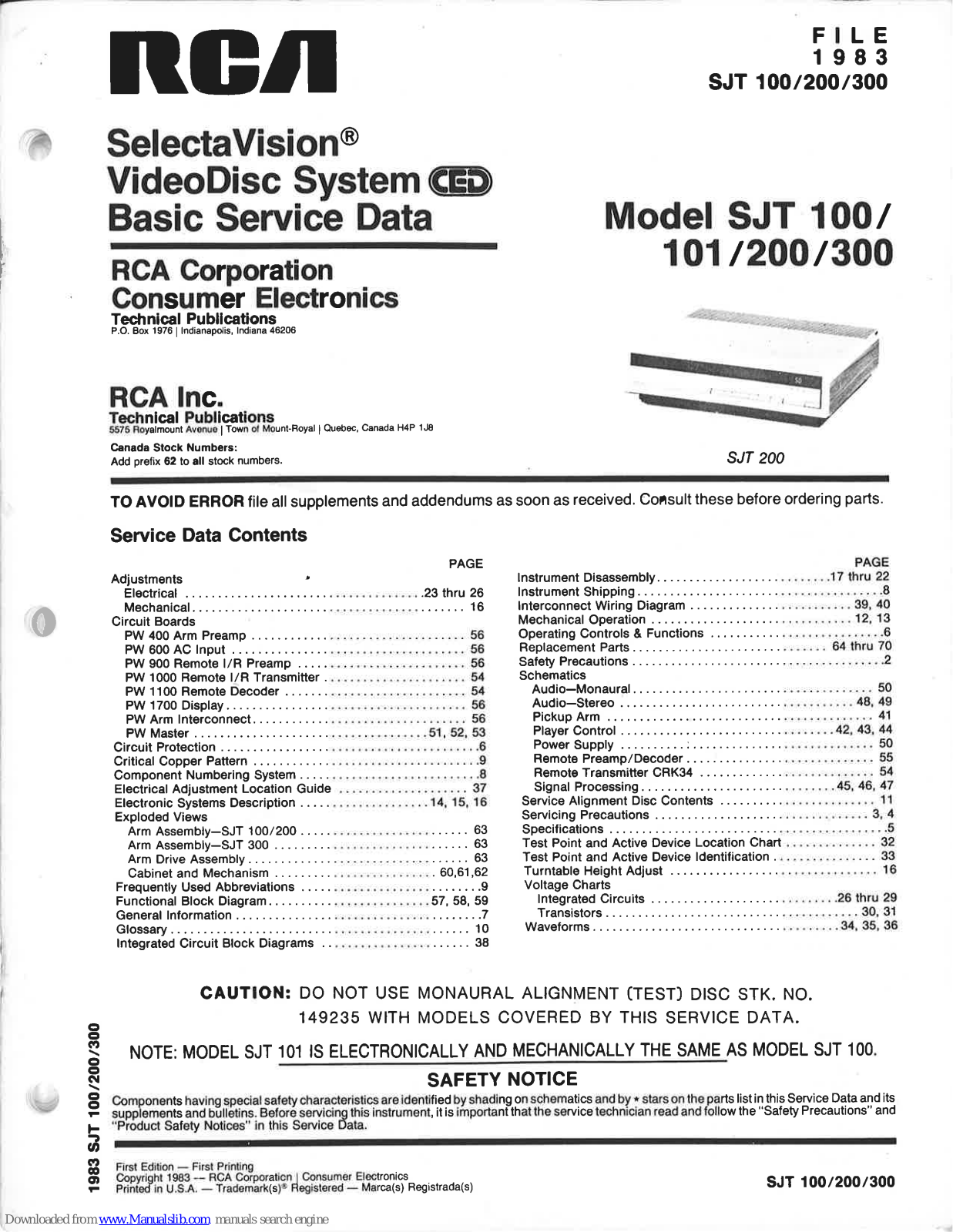 RCA SelectaVision SJT 100, SelectaVision SJT 101, SelectaVision SJT 200, SelectaVision SJT 300 Basic Service Data